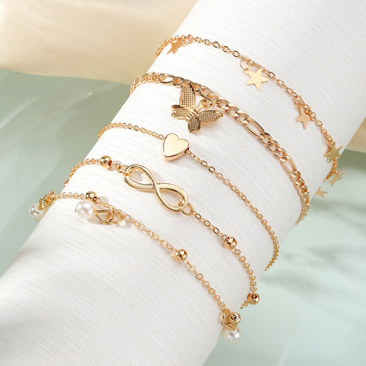 Pearl Heart Anklet 4-piece Set Multi-layer