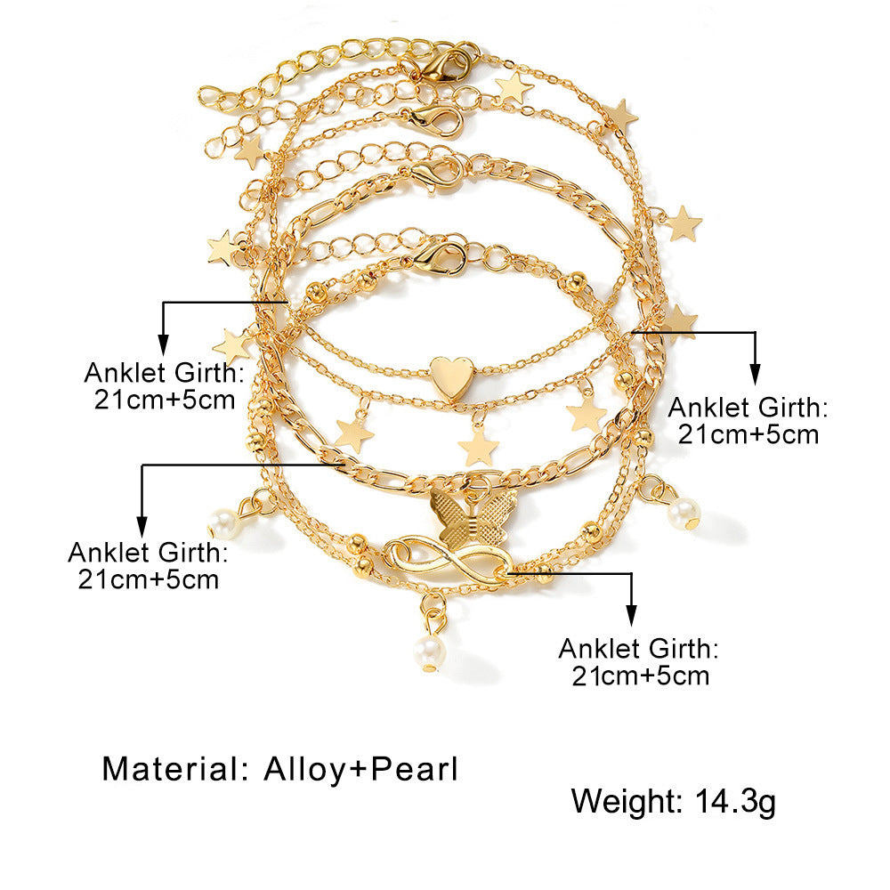 Pearl Heart Anklet 4-piece Set Multi-layer